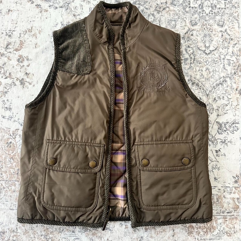 Woman’s Y2k Brown Quilted Ralph Lauren Reversible Vest Size Small Petite